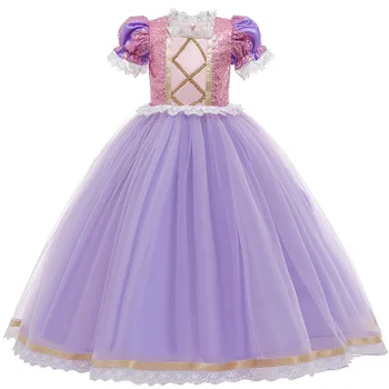 

2020 Fashion Kids Princess Dress Round Neck Short Sleeve Ruffle Dress One-Piece for Girls Purple Rose Red