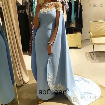 

Light Blue Evening Dresses Prom Lace Appliques Long Arabic Special Occasion Robe De Soiree Plus