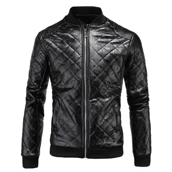 

Plaid Faux Leather Jacket for Men England Style Winter Bomber PU Jackets Stand Mens Coats