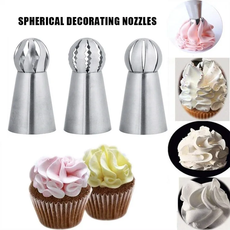 3pcs Russian Spherical Ball Pastry Nozzles Stainless Steel Icing Piping