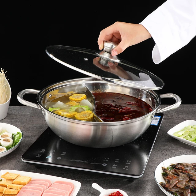 Hot Pot Twin Divided Stainless Steel 28CM Cookware Kitchen Induction Gas  Stove Little Sheep Hot Pot Ruled Compatible Soup Stock Pot