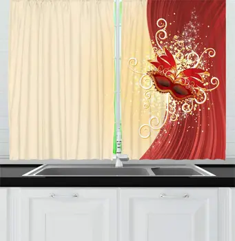 

Red Cream Masquerade Kitchen Curtains Carnival Mask Ornamental Opera Traditional Brazilian Vintage Party for Kitchen Cafe Decor