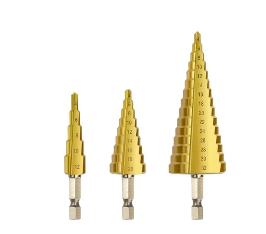 Factory sale 3pcs 1/4 Step Cone Taper Drill Bit Set Hole Cutter Metric Titanium Coated Metal Hex Stepped Drill Bits 4-12/20/32mm Factory sale 3pcs 1/4 Step Cone Taper Drill Bit Set Hole Cutter Metric Titanium Coated Metal Hex Stepped Drill Bits 4-12/20/32mm
