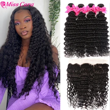 

Deep Curly Wave Bundles With Frontal Miss Cara Brazilian Remy Hair Frontal With Bundles 100% Human Hair 3/4 Bundles With Frontal