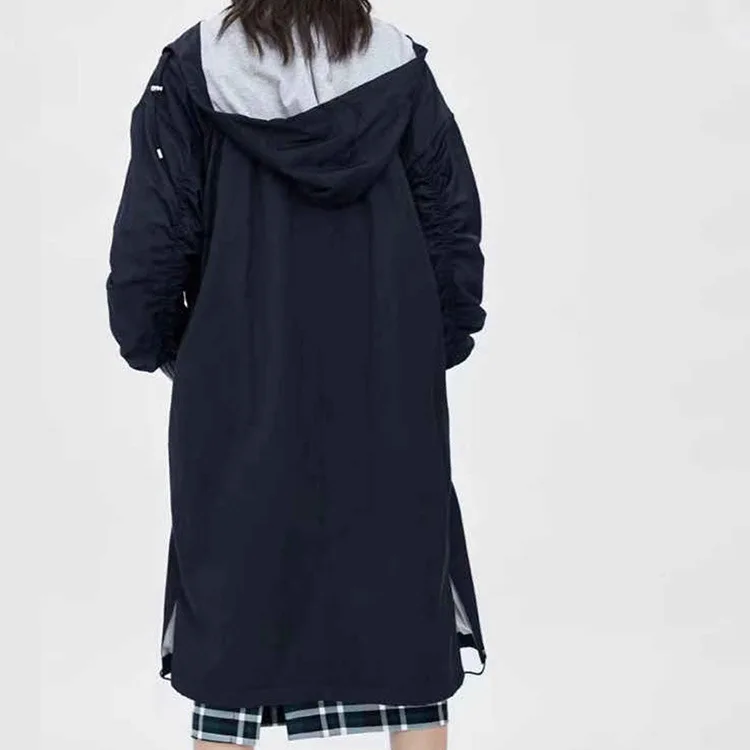 

Europe And America Autumn & Winter Dark Blue Women's Mid-length Hooded Drape Loose Version Waist Hugging Water Resistant Pike Tr