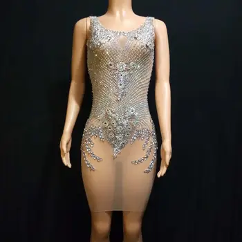 

Bling Rhinestones Dress Birthday Outfits For Women Evening Performance Stage Costume Crystal Mesh See-Through Dresses DT1353
