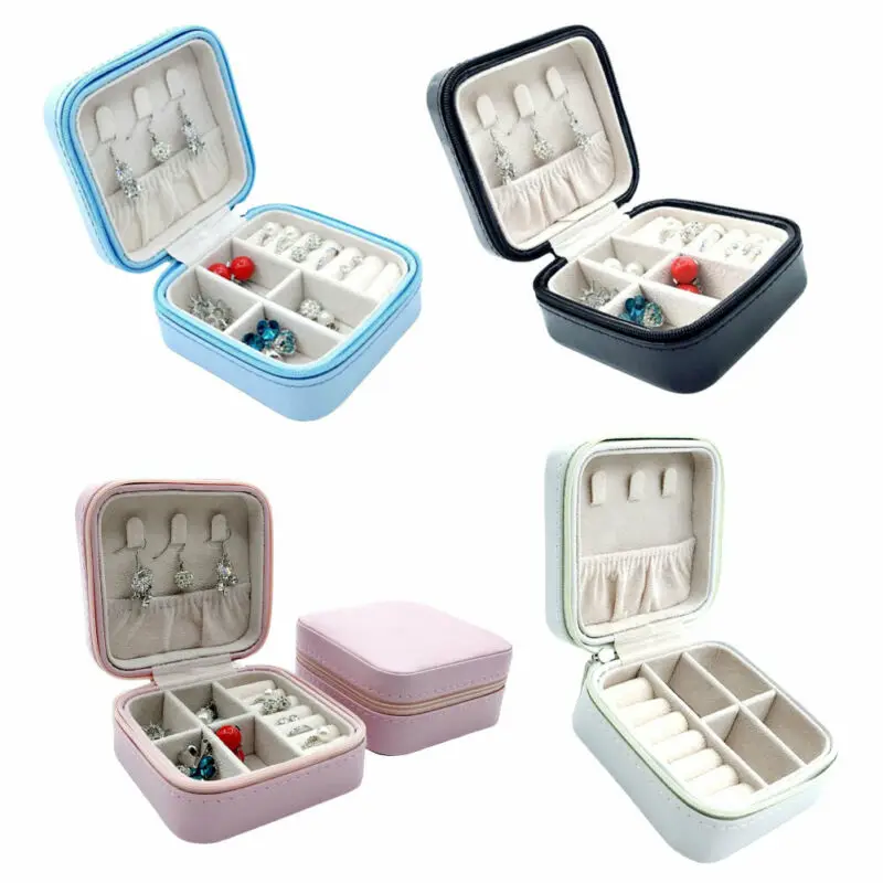 Estuche de almacenaje para joyas de viaje, organizador de cuero para pendientes, anillos, caja con cremallera, PU sólido