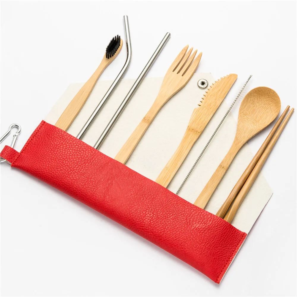 

10pcs Reusable Bamboo Cutlery Set Portable Tableware Wooden Cutlery Fork Spoon Knife Set with Cutlery Bag for Travel Dinning Set