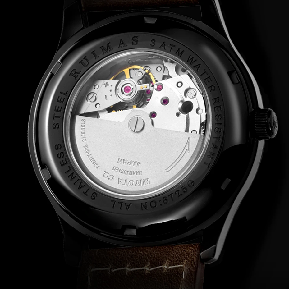 Модные японские автоматические Movt часы мужские с кожаным ремешком деловые механические часы RUIMAS мужские часы наручные часы Erkek Kol Saati