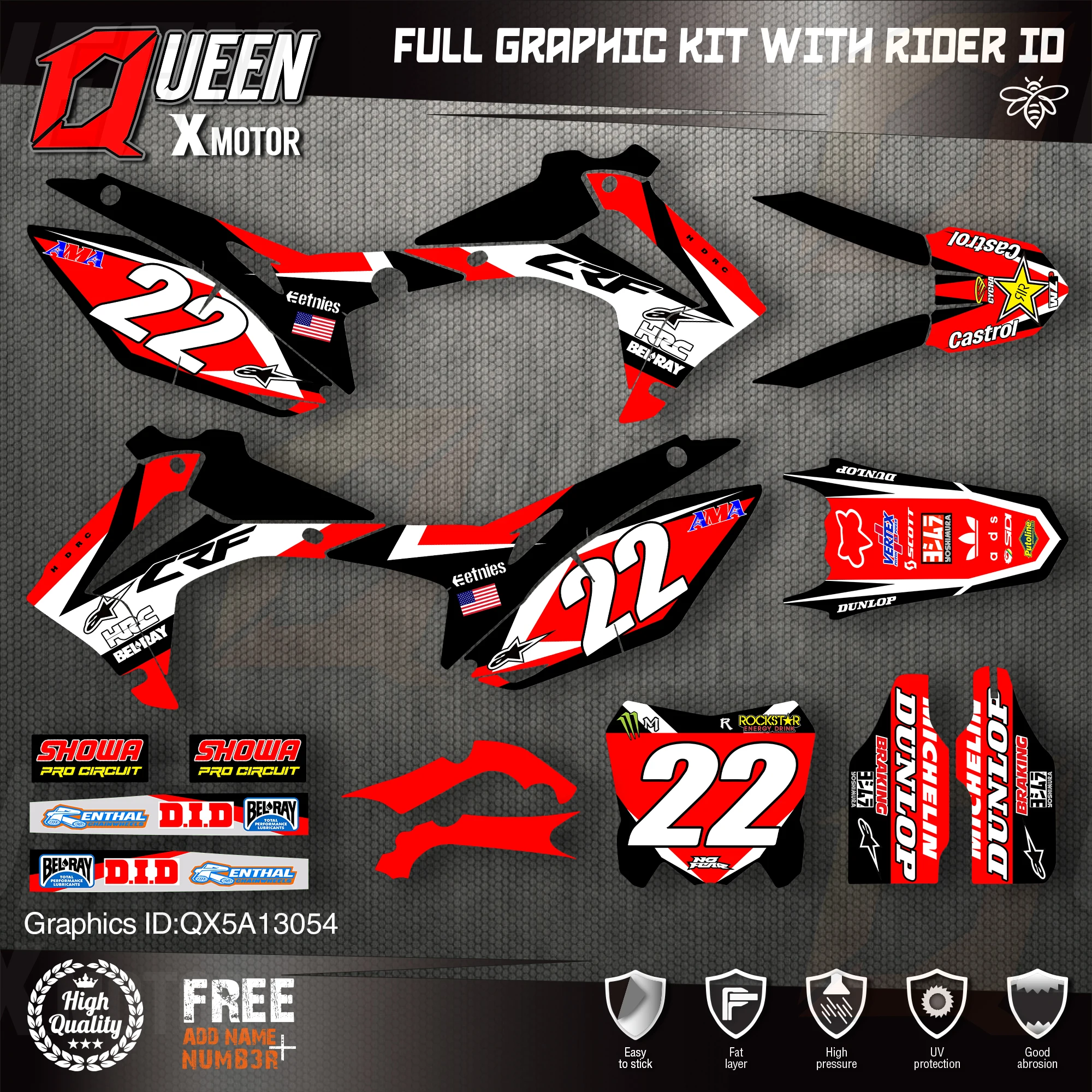 QUEEN X MOTOR Custom Team графические фоны наклейки для HONDA 2014-2017 CRF250R 2013-2016 CRF450R 054 |