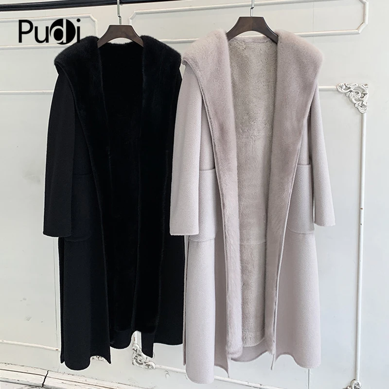 Women Winter Warm Wool Blends Coat Jacket With Real Rabbit Fur Lining Genuine Mink Hood Female Overcoats ZY904 | Женская одежда