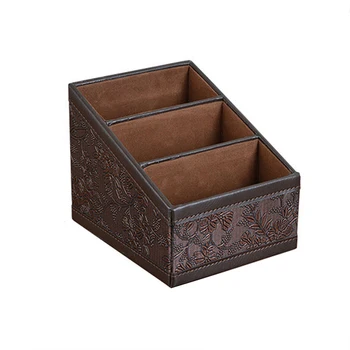 

Remote Control Organizer Caddy 3 Slot PU Leather Storage Holder TV Stand Brown