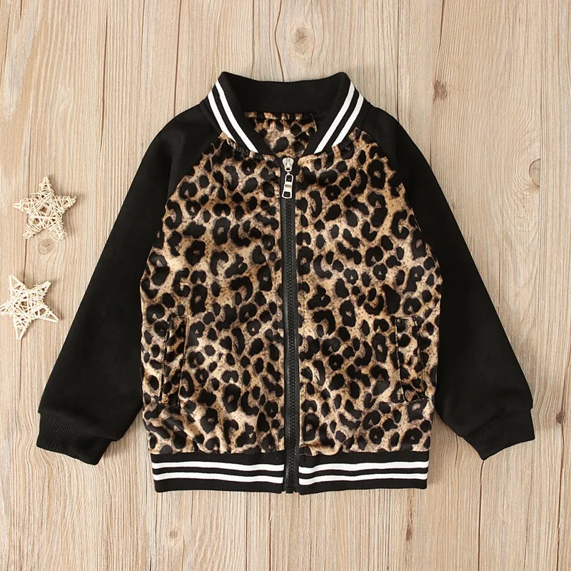  1-5T Children Girls Clothes Winter Leopard Color Matching Long Sleeve Zipper Outwear Baseball Jacke