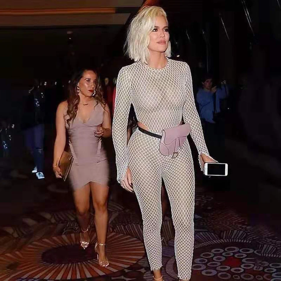 Модный блестящий комбинезон с длинными рукавами Khloe Kardashian inspiration прозрачный Облегающий комбинезон с сеткой на талии