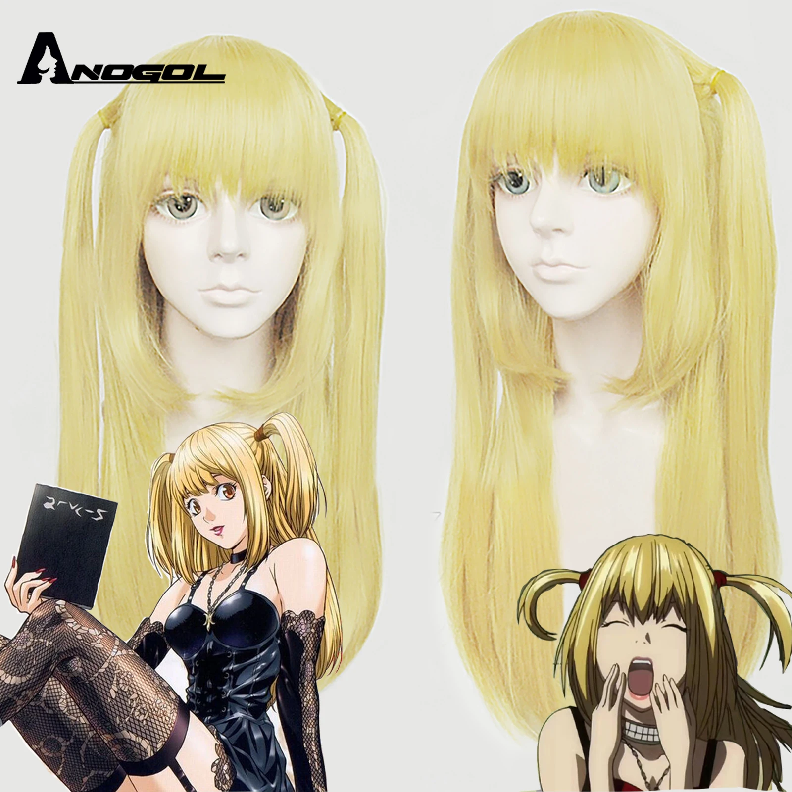 ANOGOL Amane Misa Death Note Anime Cosplay Wigs Heat Resistant Synthetic 60 cm/23.6 Inch Long Golden Wigs free Wig Cap a5 anime death note notebook