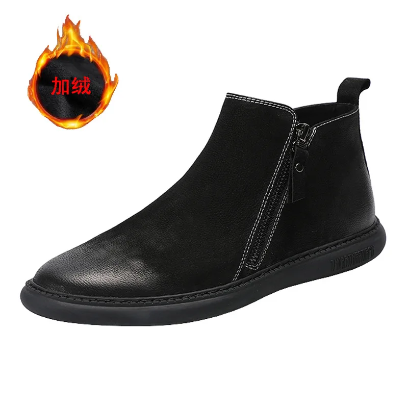 Мужские ботинки из натуральной кожи; Теплая мужская повседневная обувь; обувь с высоким берцем; Ботинки martin; Роскошная обувь; мужские дизайнерские ботинки - Цвет: Black-Fluff