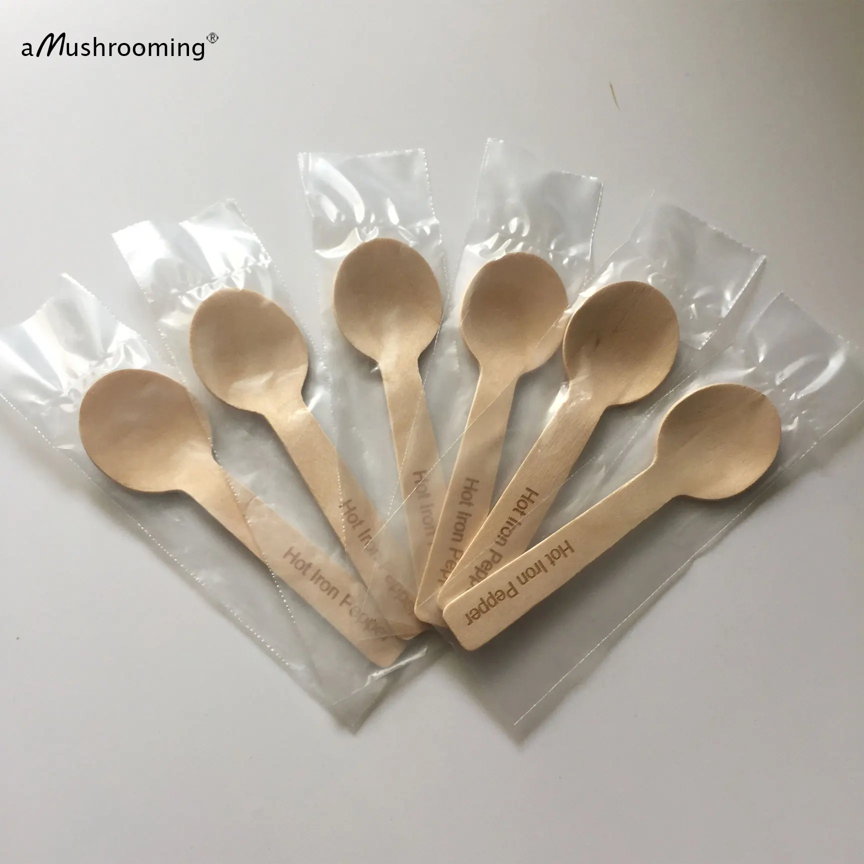 100pcs Wooden Mini Taster Spoons Single Heat Sealed Wrapped Personalized Text Eco-friendly 10cm Round Ice Cream Dessert Scoop