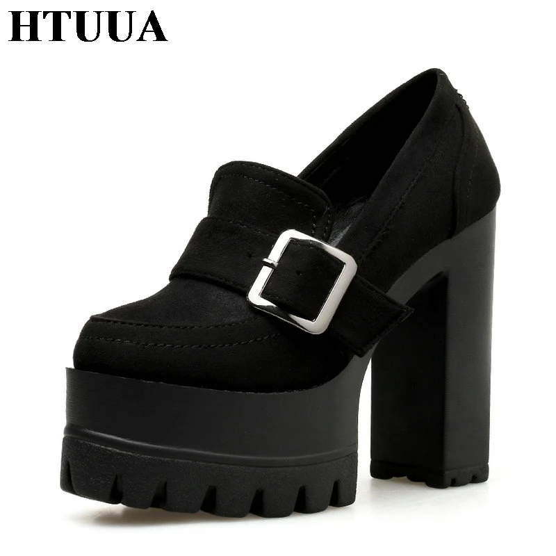 

HTUUA Fashion Platform Pumps Shoes Woman High Heels Women Shoes Black 2019 Spring Autumn Slip On Round Toe Chunky Loafers SX3123
