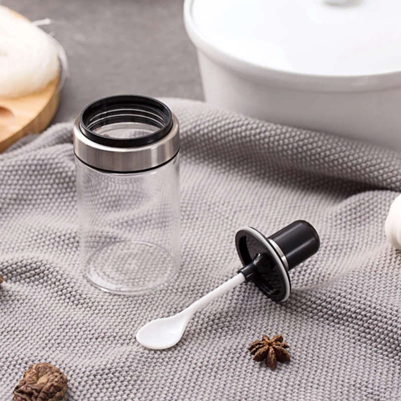 Seasonings With Spoons, Kitchen Supplies, Glass Seasoning Jars, Sealed, Waterproof, Cylindrical Condiment Bottles