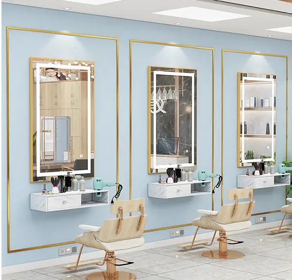 Barber shop mirror hair salon special integrated cabinet marble wall mirror LED light net red hairdressing single side