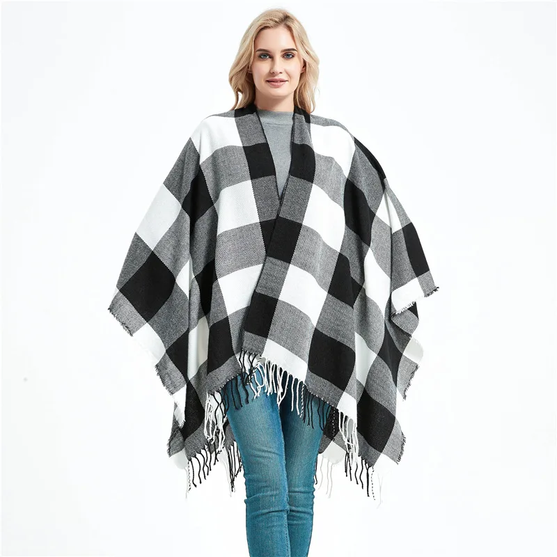 

2020 Fashion Winter Warm Plaid Ponchos And Capes For Women Oversized Shawls Wraps Wool Pashmina Thicked Blanket Scarves Bufanda
