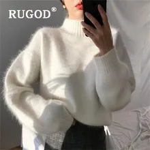 Свитер женский RUGOD, элегантный кашемировый свитер, женский, корейский, половина, водолазка, длинный рукав, вязаный пуловер, подходит ко всему, Осень-зима, свитер кофта женская