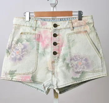 

Women High Waist Denim Shorts 2020 New Flower Printed Single-breasted Spring Summer Casual Ladies Cotton Short Jeans