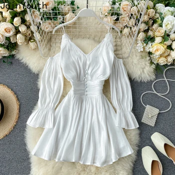 

JoinYouth V Neck Solid Vestidos 2020 Puff Sleeve High Waist 2020 Summer Dresses Sexy Button Vintage Dress Women Elegant J687