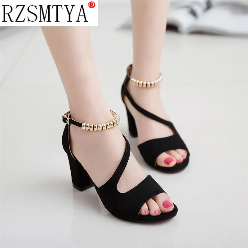 Fashion Women High Heel Sandals Sexy Open Toe Shoes Women Ankle Strap Sandals Metal Beading Thick Heels Footwear Size 42 women high heels platform high heels sandals ankle buckle sandals