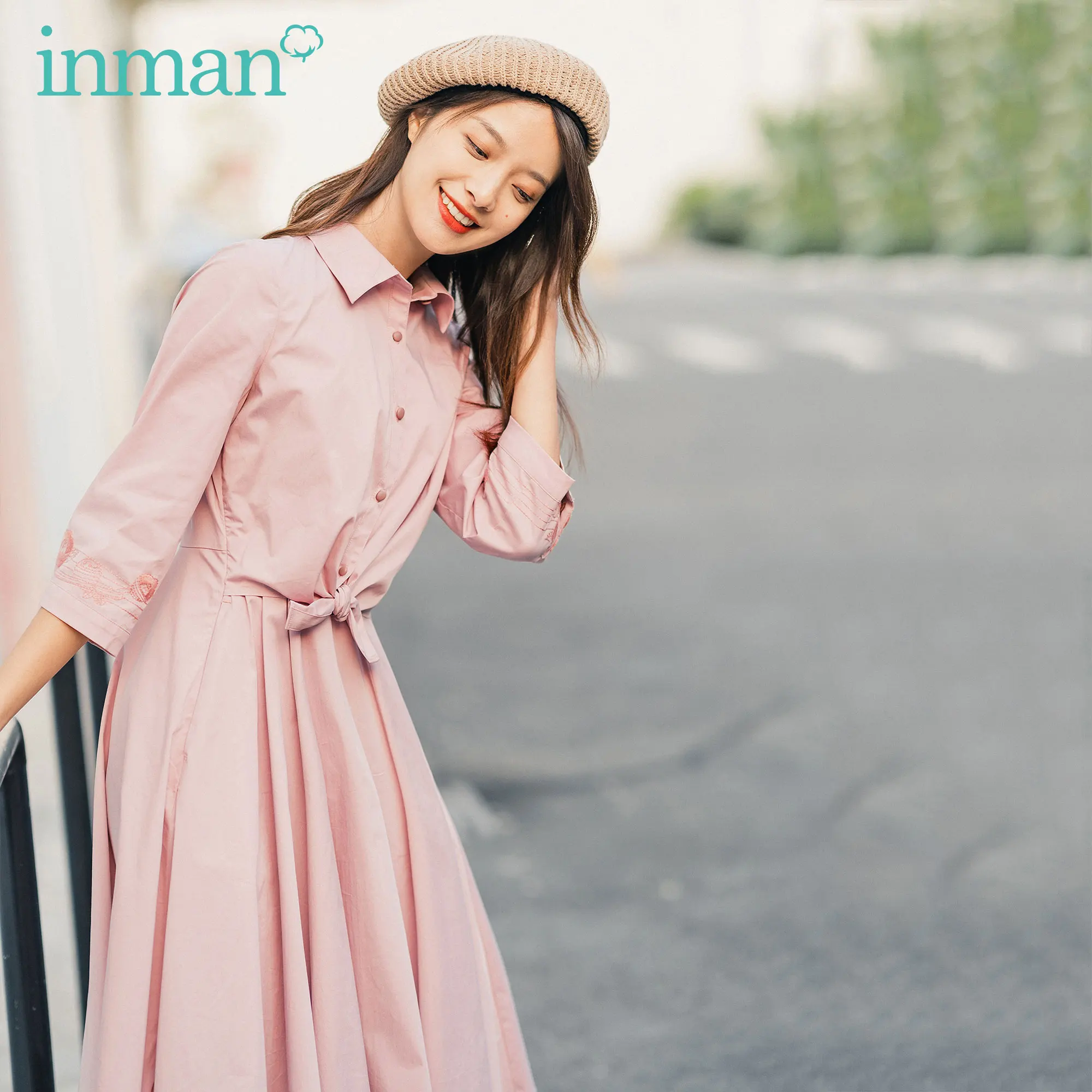 

INMAN 2020 Spring New Arrival Literary Concise Style Personality Fashion Loose Medium Sleeve Dress