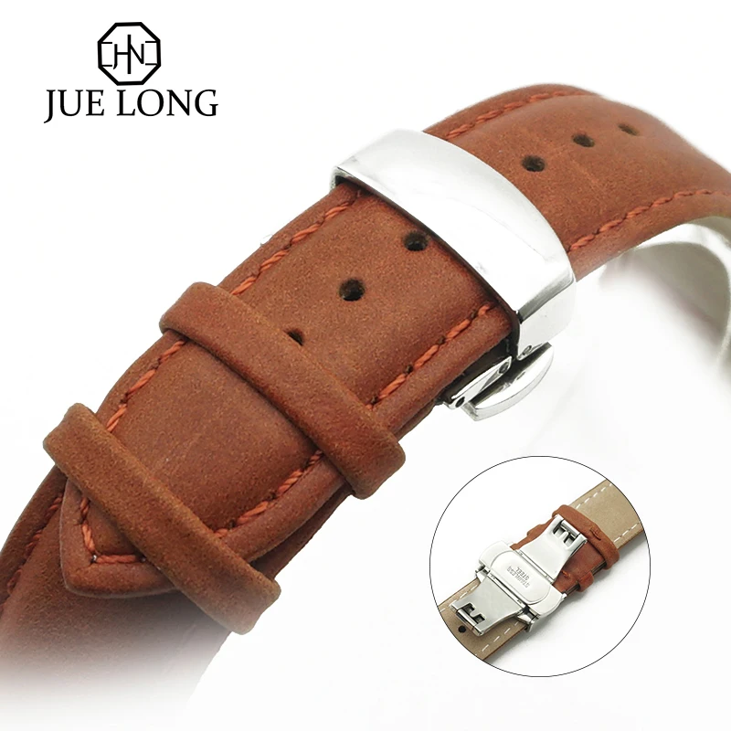 High Quality Double Press Butterfly Buckle Leather Watch Band 20mm 22mm Genuine Leather Brown Watch Strap 1