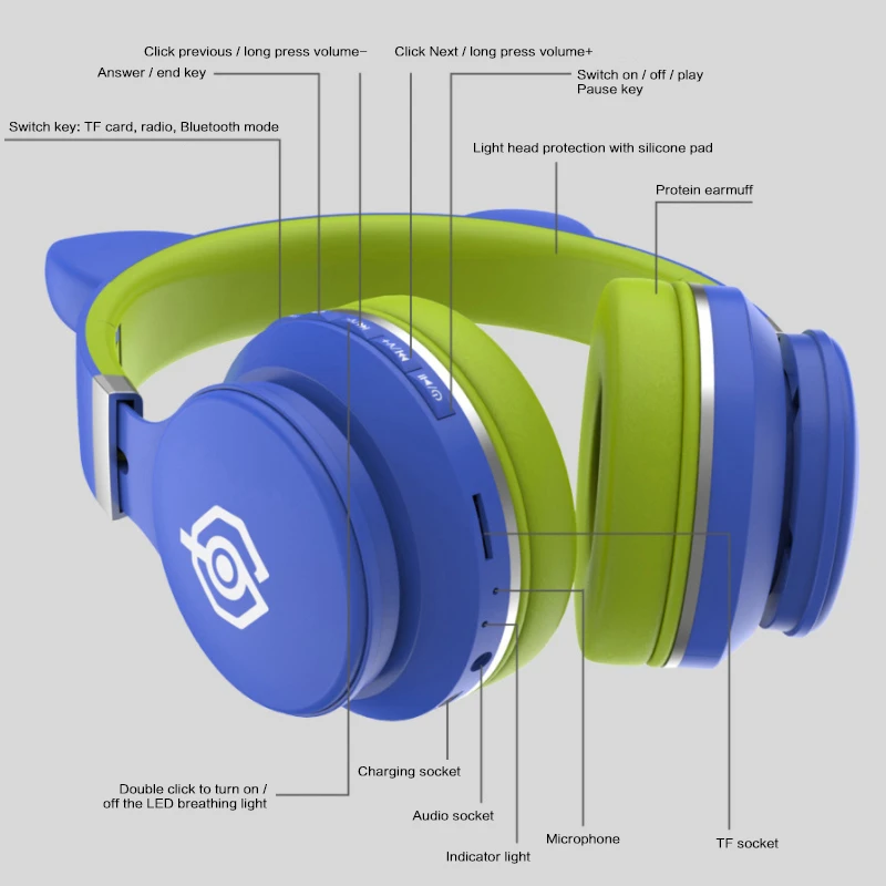 LED Headphones Bluetooth 5 0 Cat Ear Headset Stereo Music Player Earbuds Support TF Card Wired Wireless Headphones with Mic