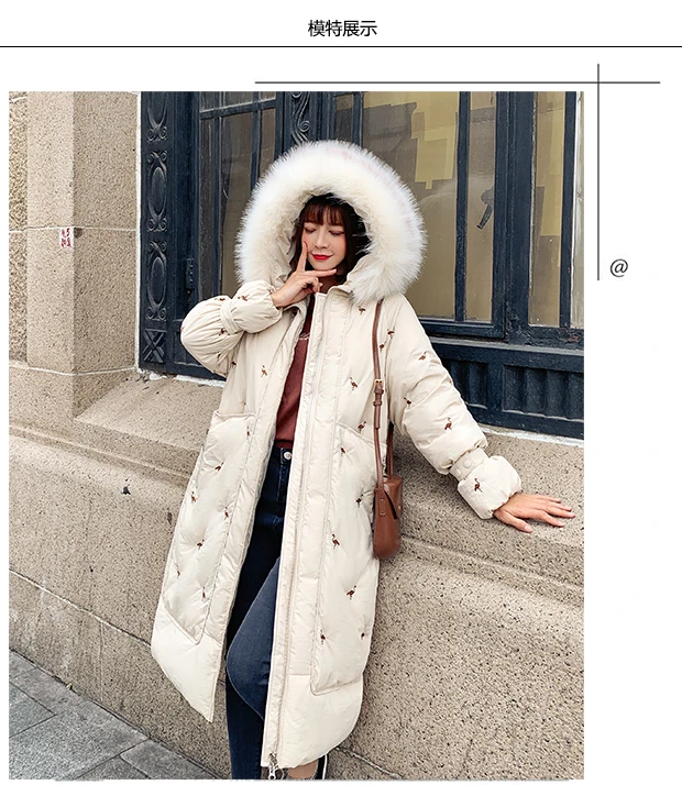 Одежда на Хлопчатобумажной Подкладке с вышивкой для фотосессии, Женская длинная куртка выше колена в Корейском стиле, большой размер, свободный пуховик с хлопковой подкладкой