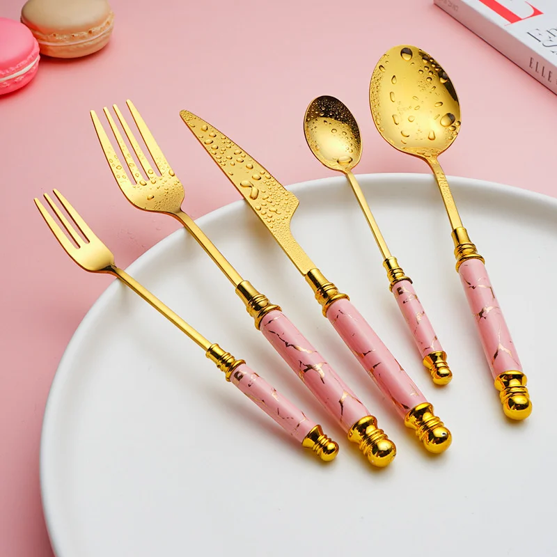 5pcs set Spoons Forks Stainless Steel Silverware Set for Kitchen Hotel Gold plated Tableware with Marbled