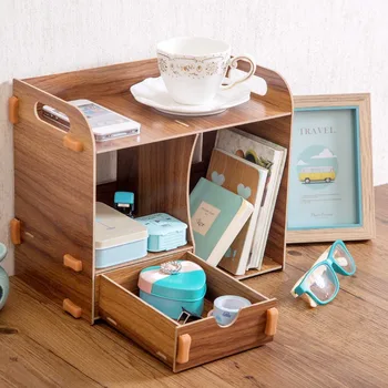 

Wooden Desktop Shelf with Drawer Bookshelf Table Sundries Storage Rack Shelves Book Holder Makeup Organizer Home Decoration