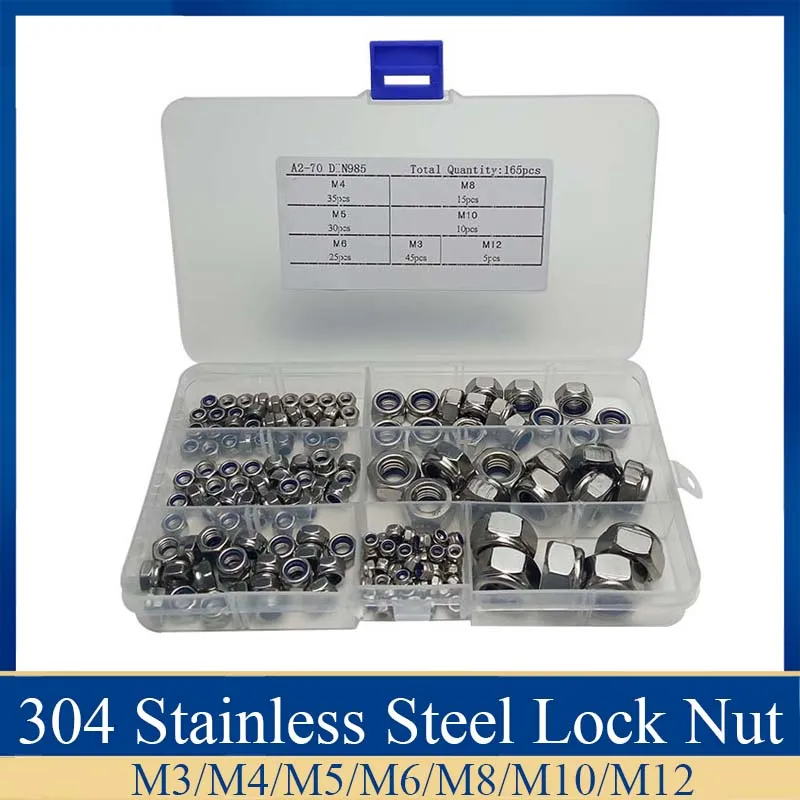 Porcas de Travamento Kit de Inserção de Aço m4 m5 m6 m8 M10 M12 Nylon Lock Nut Metric Variedade Inoxidável 165 Pçs – Set m3