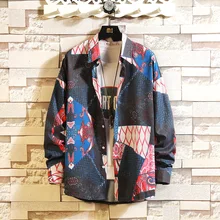 Мужская рубашка с длинным рукавом, свободная Японская уличная одежда, мода, повседневные рубашки с принтом, большие Азиатские размеры, M-5XL