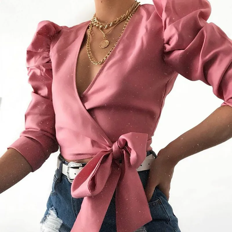 

Elegant Deep V-neck Short Tops Shirts Bowknot Lace Up Women Blouses Office Lady Autumn Pink Blusas Puff Sleeve Slim Top GV616