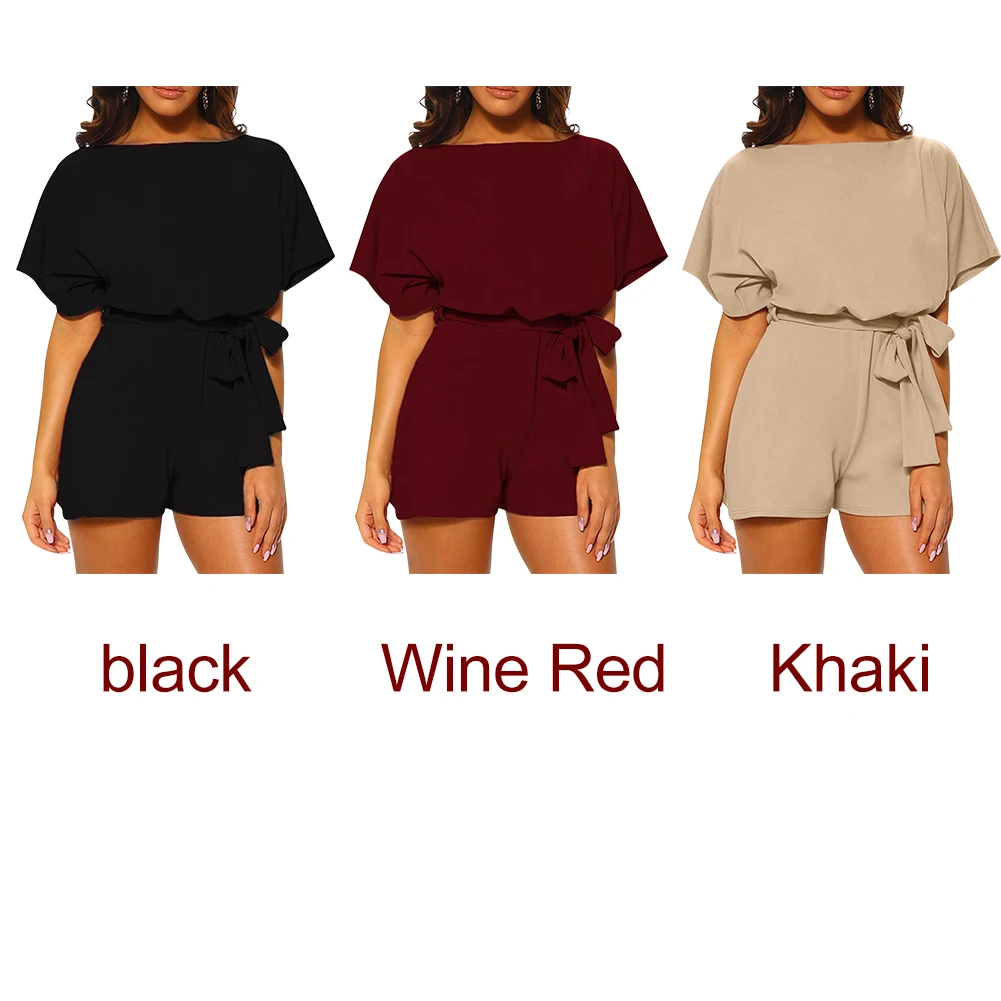 Women Jumpsuit Loose Office Solid Crew Neck Lace Up Elegant Daily Short Sleeve Shopping High Waist Casual Dating Summer