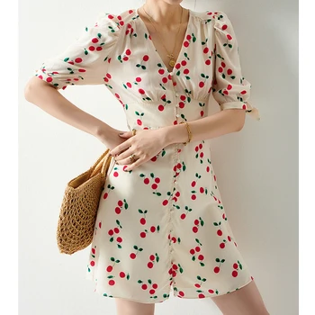 

Summer short-sleeved silk woman dress elegant party French luxury brand new print V-neck bubble sleeve mini casual dress female