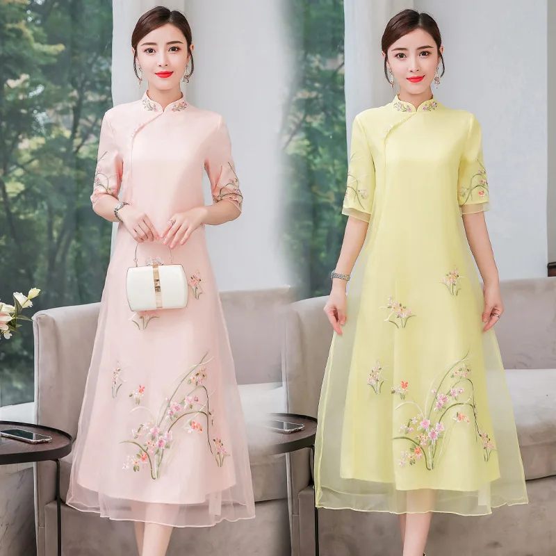 

2020 Summer New Style Chinese-style Fresh Ladies' Embroidered Cheongsam Style A- line Skirt Slim Fit Slimming Organza Dress