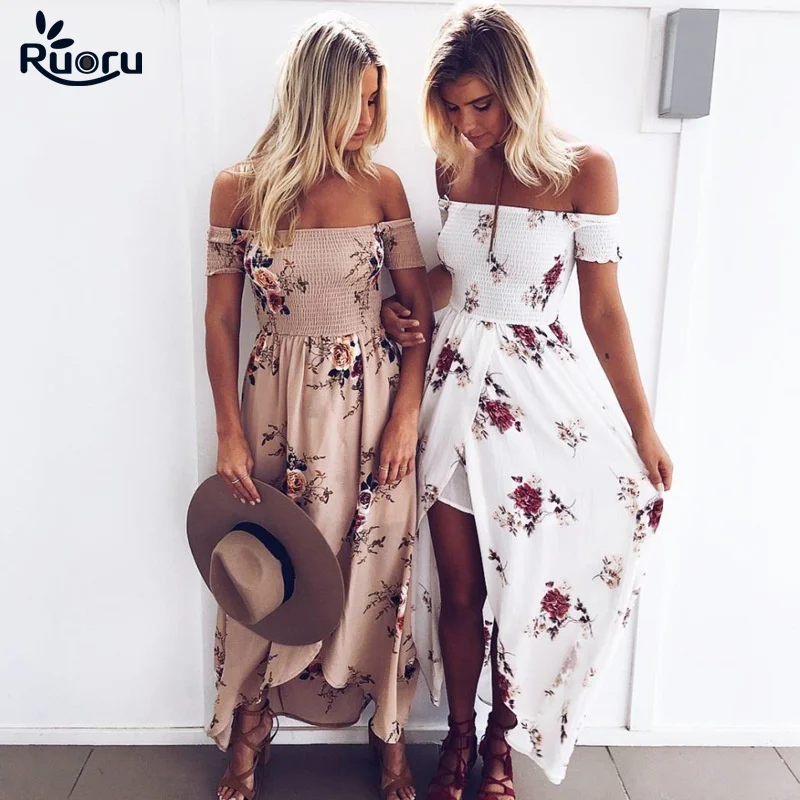 Платье Макси женское шифоновое с открытыми плечами и цветочным принтом|vestido de