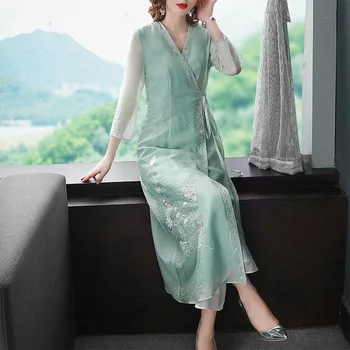 

spring and summer new elegant woman retro chiffon embroidered Quality Wrap dress Zen tea ceremony embroidered women Hanfu