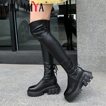 

MILI-MIYA New Fashion Square Platform Heel Women Cow Leather Boots Over The Knee Stretch Microfiber Slip On Round Toe Size 34-39