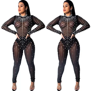 

Jumpsuit tight solid color beaded autumn new women's wear hot drill perspective sexy jumpsuit nightclub bubble beads
