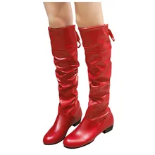 Czerwone lakierki zakolanówki buty zimowe ciepłe buty do kolan koronki Strappy płaskie buty duże rozmiary 43 buty na niskim obcasie w stylu brytyjskim(China)