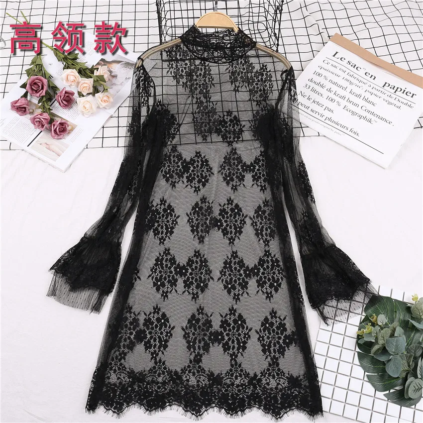 2019 New Fashion Autumn Women Hollow Out Lace Blouses Turtleneck Mesh Shirts All-match Lady Tops Pullovers Brief Bottomings 907 5