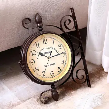 

1pc European Retro Style Quiet Round Dial Double-sided Wall Clock Outside Bracket Clock Home Cafe Bar Decoration