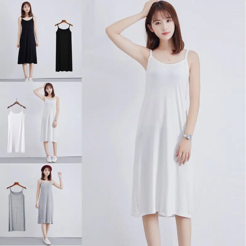 

Summer Women Casual Sweet Modal Bottoming Dress Loose Sleeveless Strape Vest Solid Color Dress