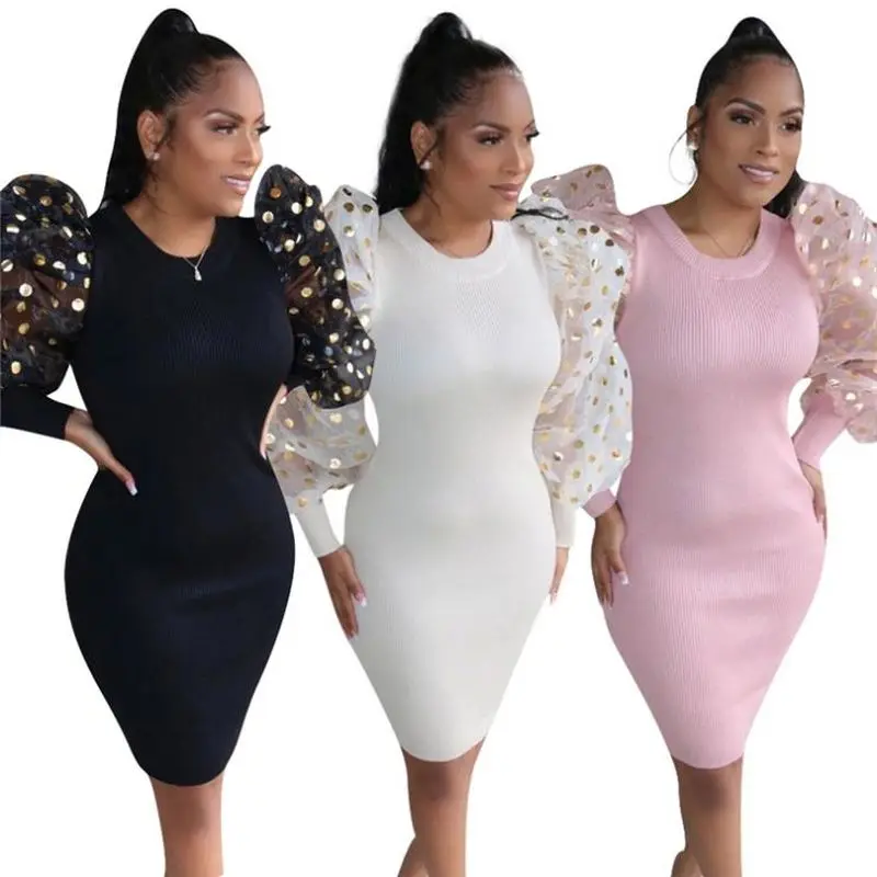 

Sexy Dresses Party Night Club Dress Vestido O Neck Puff Sleeve Three Quarter Beaded Sequin Casual Women Dress Clothing